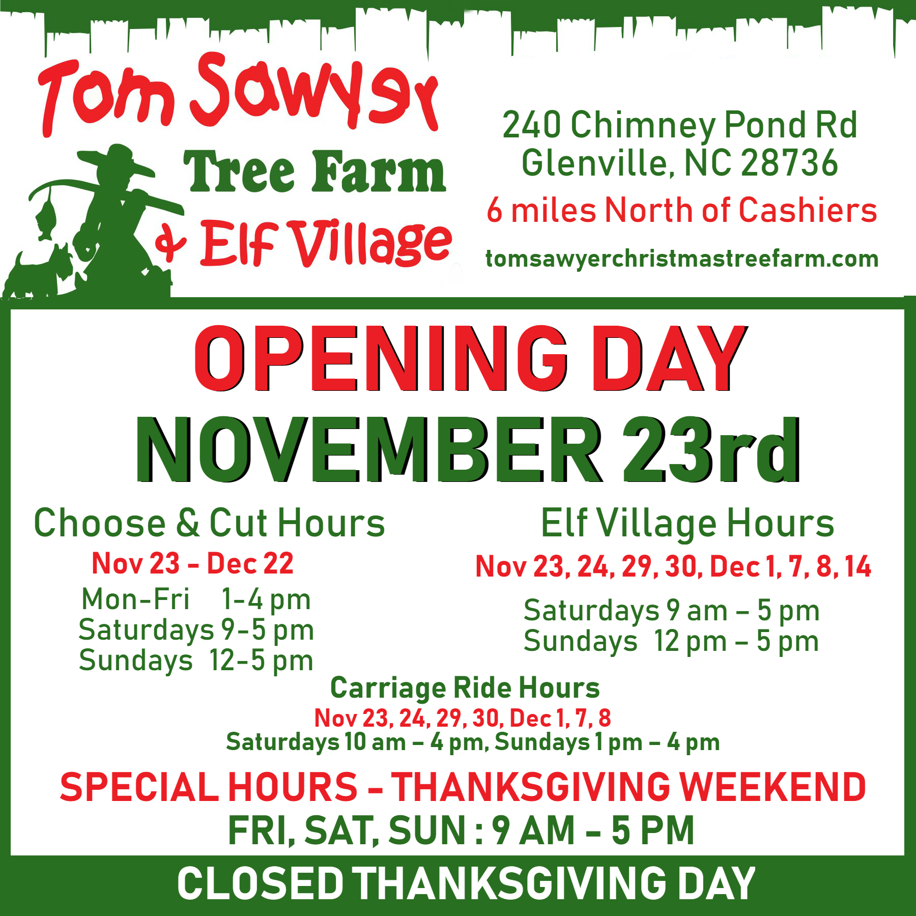 Tom Sawyer’s Christmas Tree Farm and Elf Village